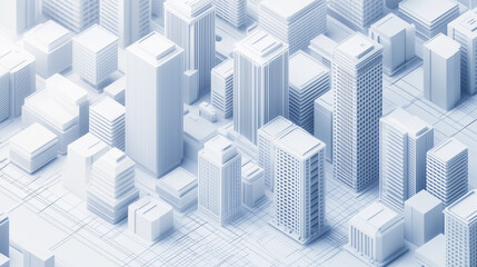 Obraz premium A masterfully crafted isometric 3D-rendered city block, composed of elegant skyscrapers and contemporary buildings, all in a soft, white-gray hue