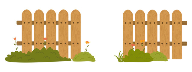 Wooden Garden Fence - Rustic Picket Fence with Grass and Flowers