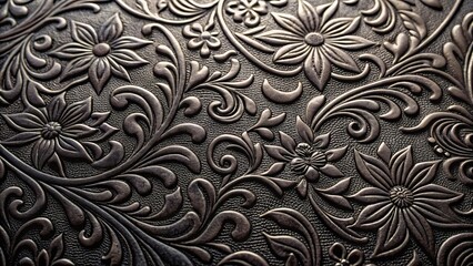 High-quality embossed leather product with shiny black finish and intricate floral patterns, textured surface, floral pattern