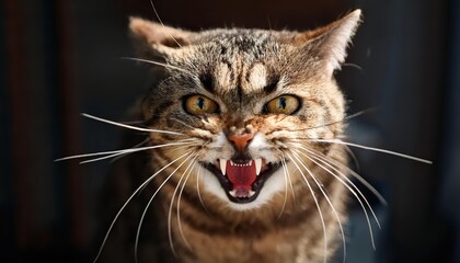 Angry and Frightened Cat Portrait of Intense Emotions, Expressing a Fearful Stare with Sharp Eyes and Flared Whiskers, Set against a Dark Background.