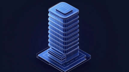 A meticulously crafted isometric 3D model of a contemporary office skyscraper, constructed with deep blue architectural surfaces marked by crisp