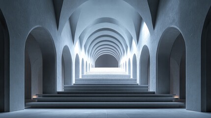 Naklejka premium Modern archway stairway leading to light, 3D architectural scene, interior design, potential use as stock photo
