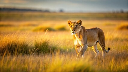 Lioness stalking prey in sunlit savannah, agile and stealthy movement , landscape, grasslands,  landscape, grasslands