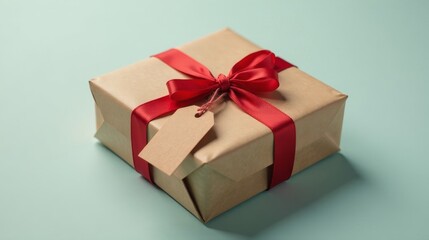 Obraz premium A thoughtfully wrapped gift box, adorned with a crimson ribbon and a blank tag, rests on a serene pastel background, conveying a message of anticipation and heartfelt sentiment.