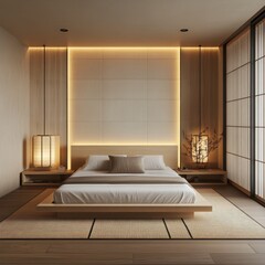 A contemporary bedroom with modern design and warm lighting