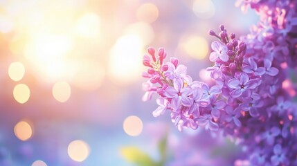 Naklejka premium Lilac blossoms in soft sunlight create a serene atmosphere during springtime in a garden