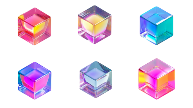A set of transparent holographic glass cubes with iridescent reflections, ideal for futuristic design, 3D modeling, and abstract digital art. Generative AI