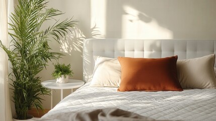 Close-up of a cozy bed featuring a pristine white quilted bedspread, complemented by a textured, light gray upholstered headboard. Soft, inviting details capture the essence of tranquility and comfort
