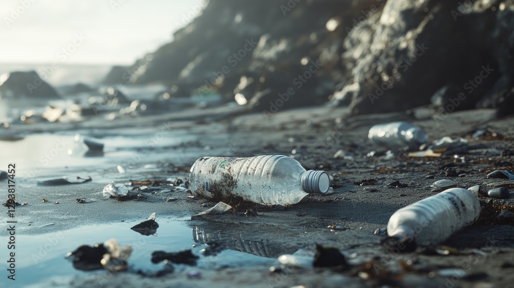 Poster scattered plastic water bottles and trash in a tide pool on the beach, drawing attention to the envi
