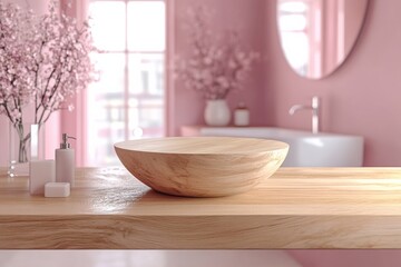 Wooden podium displaying cosmetics in modern pink bathroom