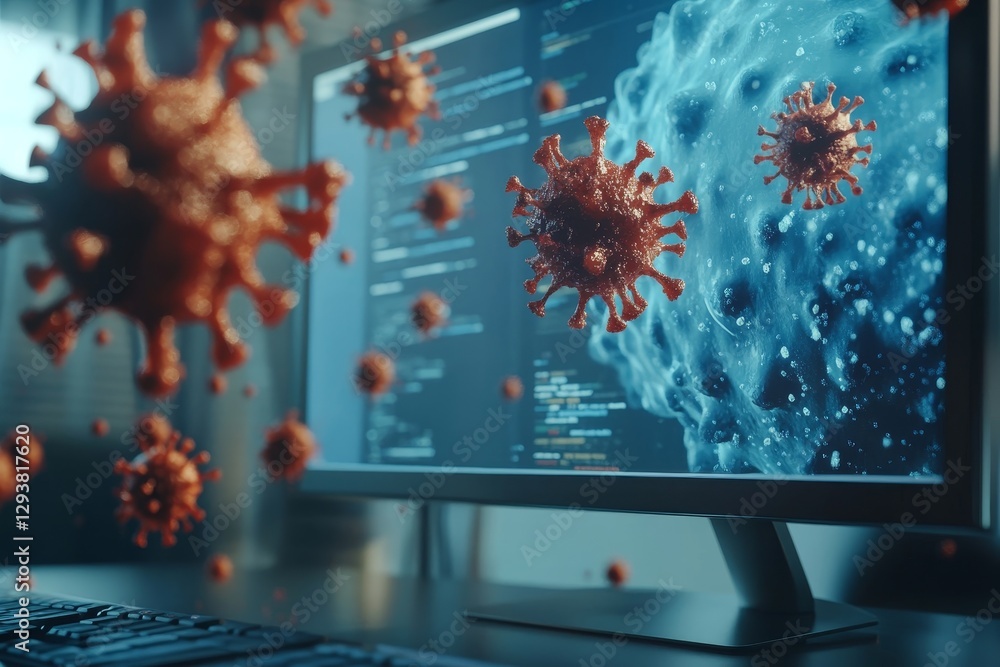 Poster viruses on screen computer keyboard foreground