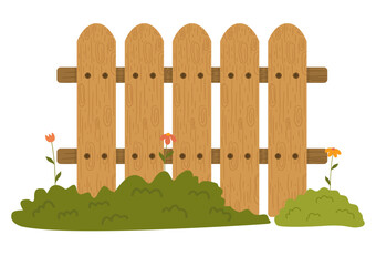 Obraz premium Wooden Garden Fence Set - Rustic Picket Fence with Grass and Flowers