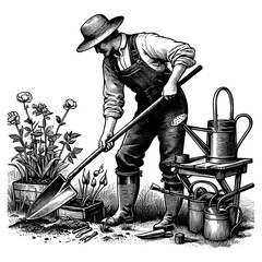 gardener tending to a flower garden, surrounded by plants, tools, and watering cans engraving generative ai sketch PNG illustration