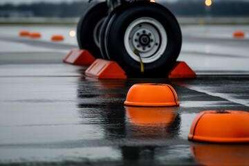 Jet wheel chocks painted safety orange, tiny pop of color against gray tarmac and white tires