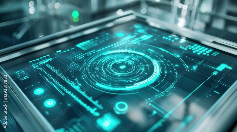 Aufkleber futuristic control panel displaying complex data analysis and processing information in a high tech 