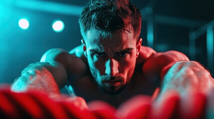 Fototapeta premium Athlete strength and power, muscular physique, dramatic lighting, intense focus, dynamic action shot, sports energy