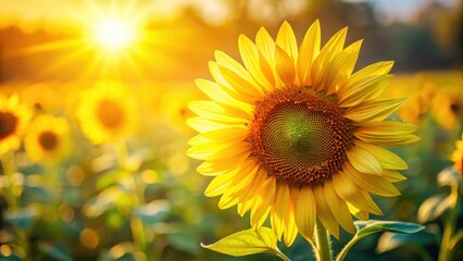 Fototapeta premium A bright yellow sunflower blooms in the morning sunlight, its petals unfolding like a warm smile, flowers
