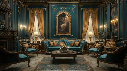 Sophisticated teal room with gold Rococo detailing on the walls, featuring fine furniture and soft lighting