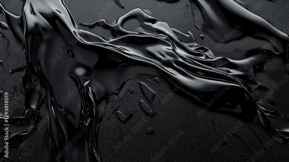 Poster spilled black liquid creating an organic pattern on a sleek, glossy dark surface with intricate deta
