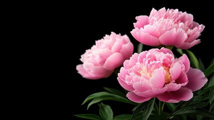 Beautiful pink peonies blooming against a dark background showcasing their vibrant petals and lush green leaves