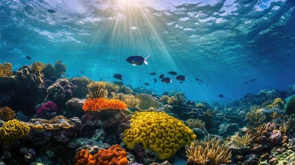Obraz premium The Great Barrier Reef, home to diverse marine life, exemplifies conservation work through research, marine sanctuaries, and global efforts to preserve its beauty