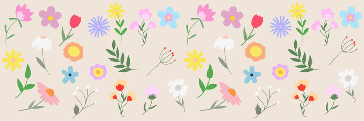  Flat flowers. Cutie flowers pattern. Vector illustration for yours list, postcard, card