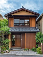 The Japanese house features wood accents and traditional architectural design