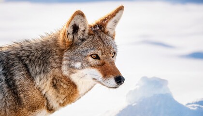 Coyote in Snowy Landscape Majestic Wildlife Portrayed with Frosty Breath and Intense Eyes Amidst Tranquil Winter Scene, Stirring a Sense of Solitude and Wonder.