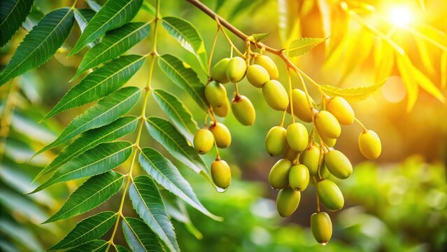 Fresh neem fruit hanging from a branch on a tree against a lush green nature background with leaves and sunlight filter, nature