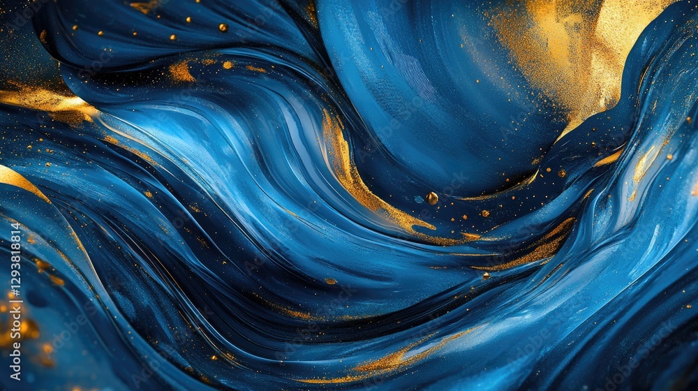 Poster vibrant abstract digital landscape with swirling blue and gold elements, creating a dynamic and futu