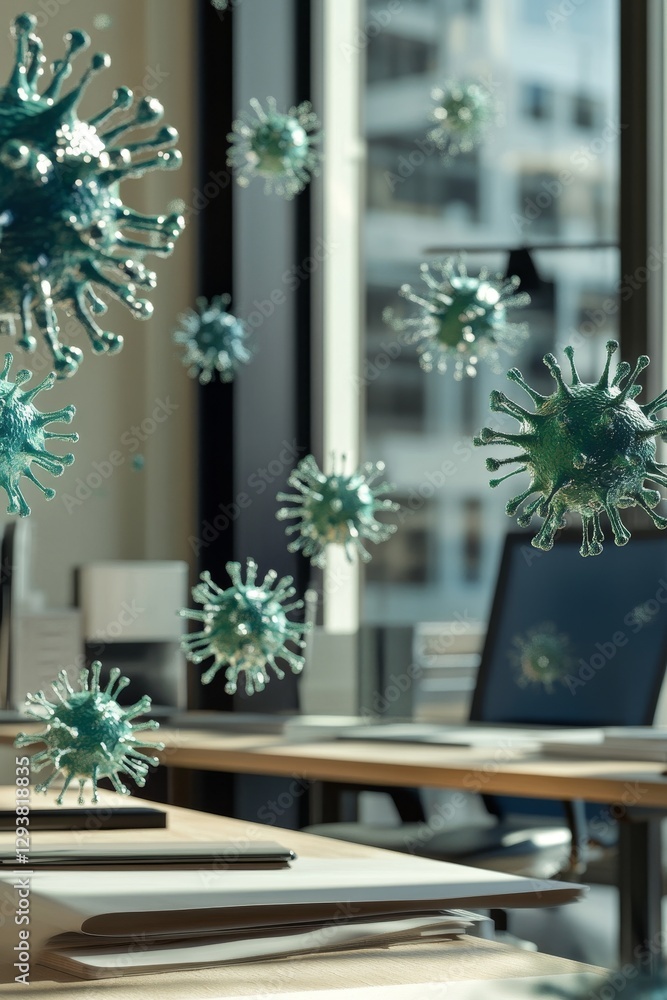 Poster virus particles floating in empty office space