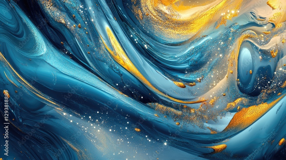 Poster vibrant abstract digital landscape with swirling blue and gold elements, creating a dynamic and futu