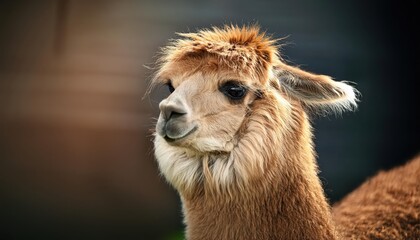 Fototapeta premium Adorable Alpaca Llama Portrait in Highland Scene, Soft Fur Coat Against a Backdrop of Mountains and Pasture, Radiating a Calm yet Playful Mood.