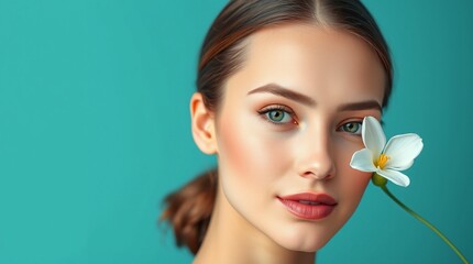 Fototapeta premium photo Graceful and elegant female face model with refined features, light skin, a delicate flower near her face, set against a teal background. 