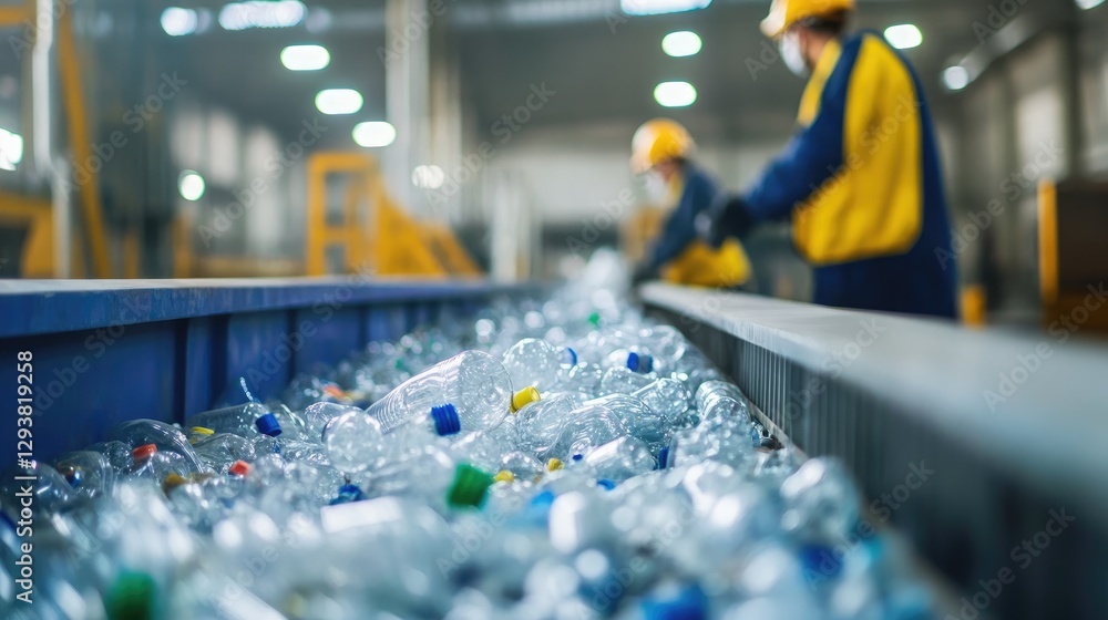 Poster workers in a recycling facility sorting crushed plastic bottles, emphasizing the importance of waste