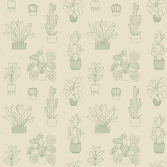 Houseplant seamless pattern. Outline doodle seamless pattern with hand drawn potted plants, cacti, monstera, and ficus on a light background. Vector line sketch for wrapping paper, fabric, wallpaper.