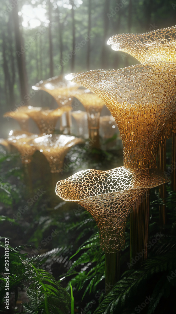 Poster golden glowing fungi in a serene forest with sunlight streaming through the trees, showcasing the un
