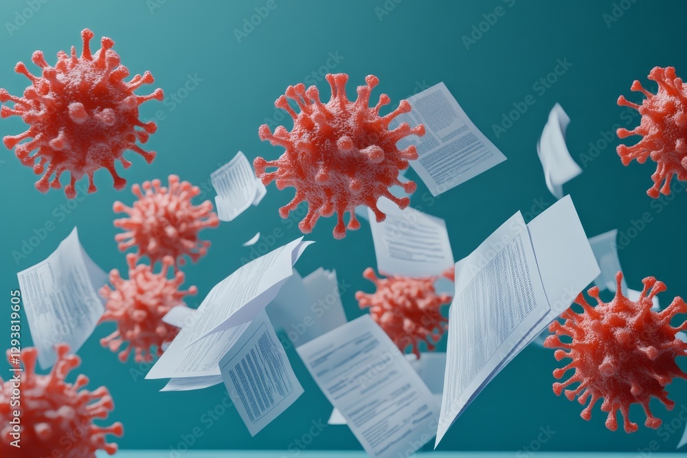 Poster floating viruses and papers create a chaotic scene.