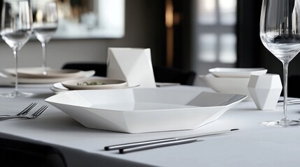 A modern minimalist Passover table design featuring geometric shapes and elegant white tableware