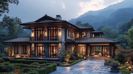 Fototapeta premium Elegant architecture meets nature in this stunning home, perfectly blending modern design with a serene mountainous backdrop.