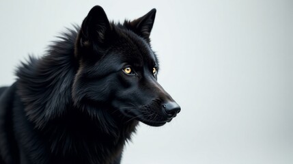 Majestic Black Canine Profile, a Striking Image of a Wolfdog with Intense Golden Eyes and Luxurious Dark Fur Against a Simple Background