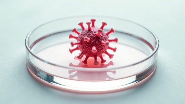 Close-up of a pink microscopic organism model inside a clear petri dish, representing scientific research and medical breakthroughs