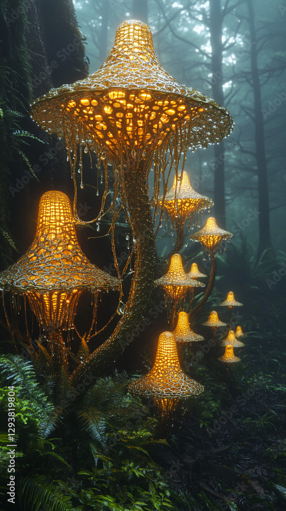 Aufkleber glowing mushrooms in a misty forest, illuminated by soft light, showcasing the intricate design and 