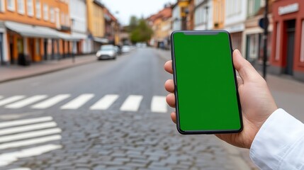 Green screen phone, city street