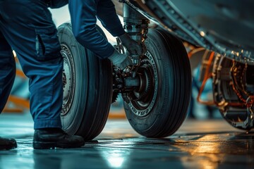 Mechanic Tightens Bolts on Airplane Wheel Landing Gear in Maintenance Facility During Routine Inspection