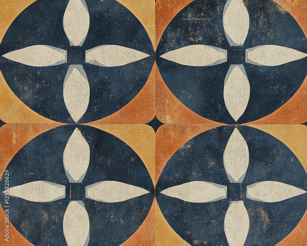 Poster abstract vintage geometric tile pattern with interlocking circular shapes in earthy tones of orange,