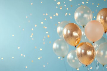 A festive composition of gold and white balloons with confetti against a vibrant blue background, perfect for event decoration and celebration banners. Generative AI