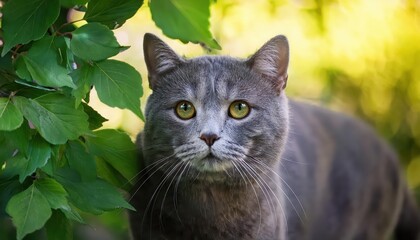 Fototapeta premium Gray Feline Mingling with Emerald Canopy Majestic Felinity Basking in the Dappled Shadows of a Lush Forest Backdrop, Showcasing a Whimsical Connection with Natures Vibrant Verdure.