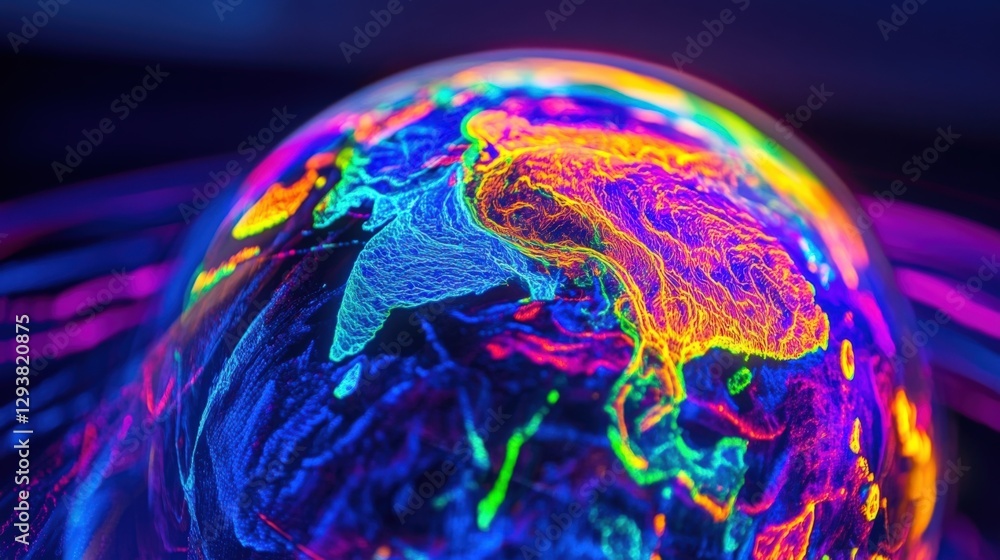 Aufkleber colorful neon light trails are highlighting the contours of planet earth, creating a futuristic visu