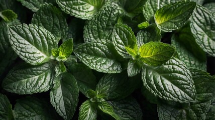 Peppermint leaf texture close up, pattern of green mint leaves, top view. Freshness organic background.